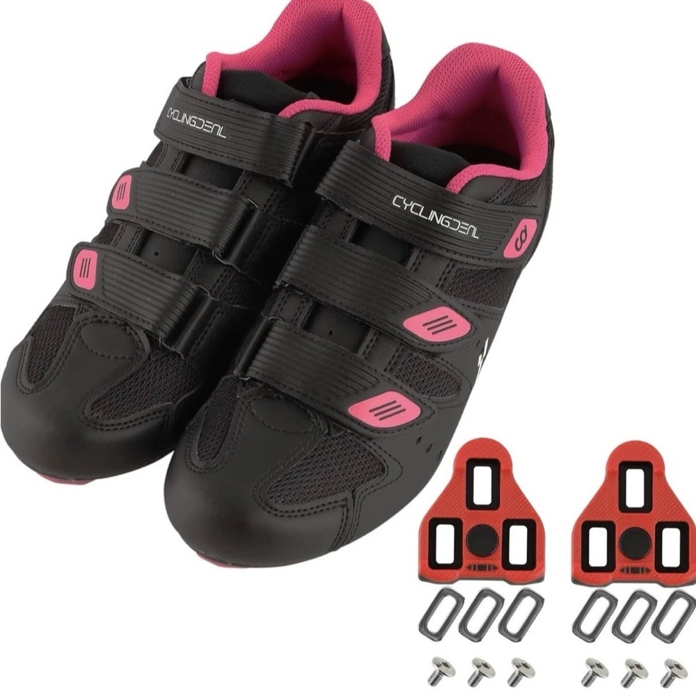 Women’s Black & Pink Cycling Shoes with Triple Strap Closure